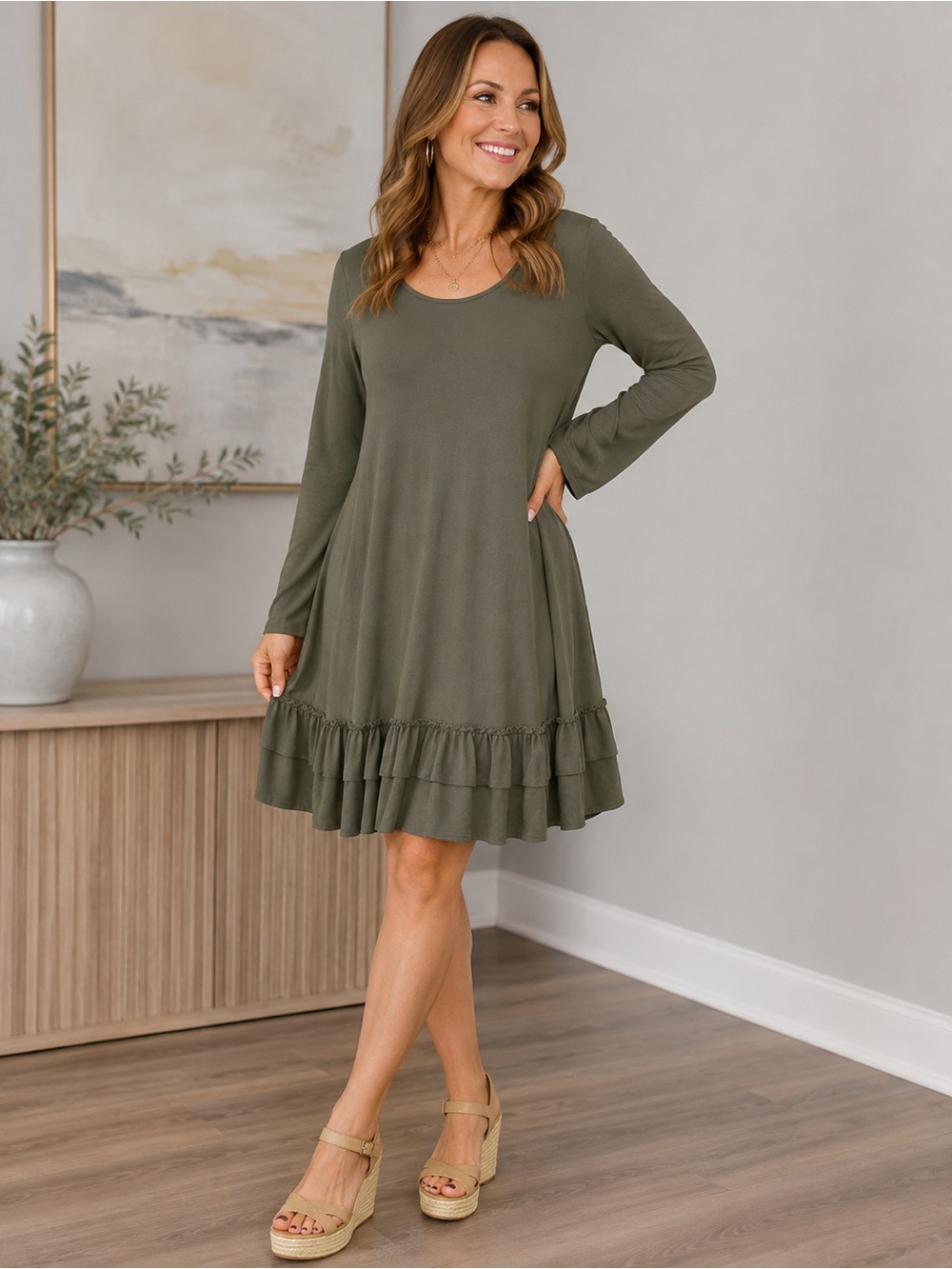 Easel Olive Ruffle-Hem Long Sleeve Dress Size M